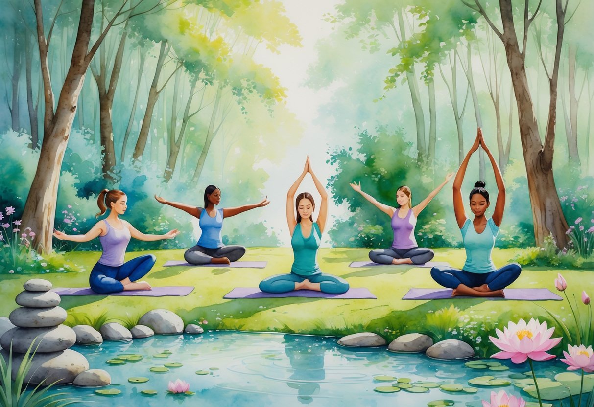 A group of people practicing yoga outdoors in a peaceful garden surrounded by trees, flowers, and a small pond with stones and lotus flowers.