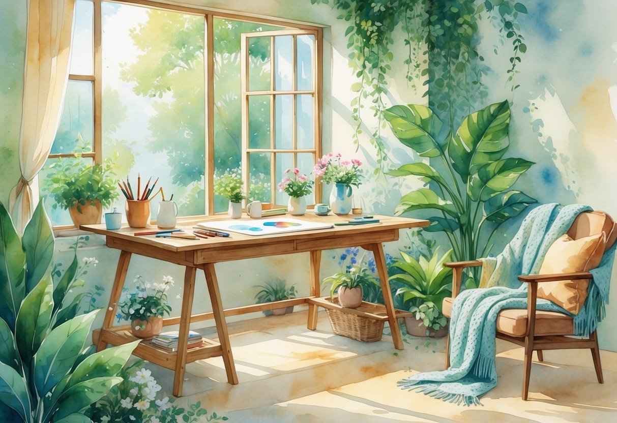 A calm workspace with a person painting at a desk surrounded by plants, art supplies, and soft natural light.