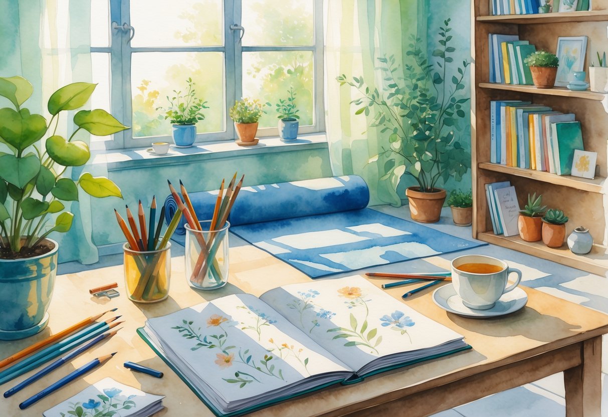 A peaceful room showing an occupational therapist's workspace with art supplies, a cup of tea, a yoga mat, plants, and books, creating a calm and relaxing atmosphere.