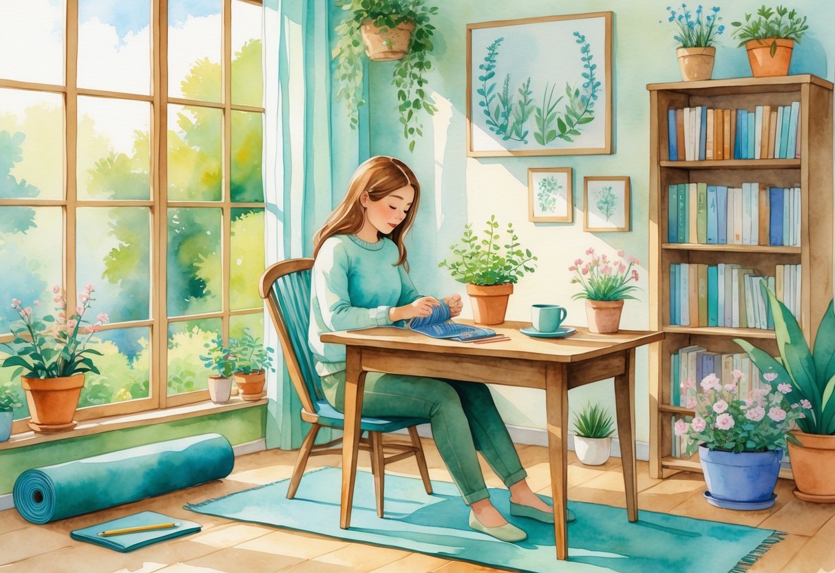 A peaceful room with a person engaged in a calming hobby surrounded by plants, books, and yoga equipment, creating a relaxing atmosphere.