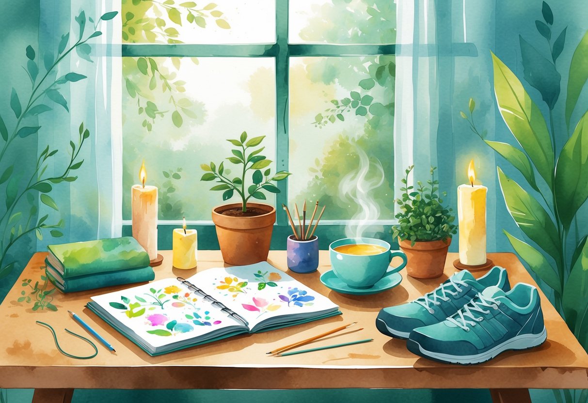 A peaceful workspace with art supplies, knitting yarn, a potted plant, a cup of tea, and cozy shoes arranged on a wooden table near a window with soft natural light.
