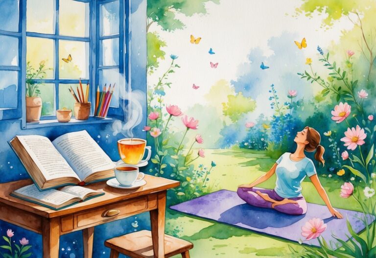 A peaceful scene showing a cozy reading nook with a book and tea, art supplies on a table, a garden with flowers and butterflies, and a person doing gentle yoga stretches.