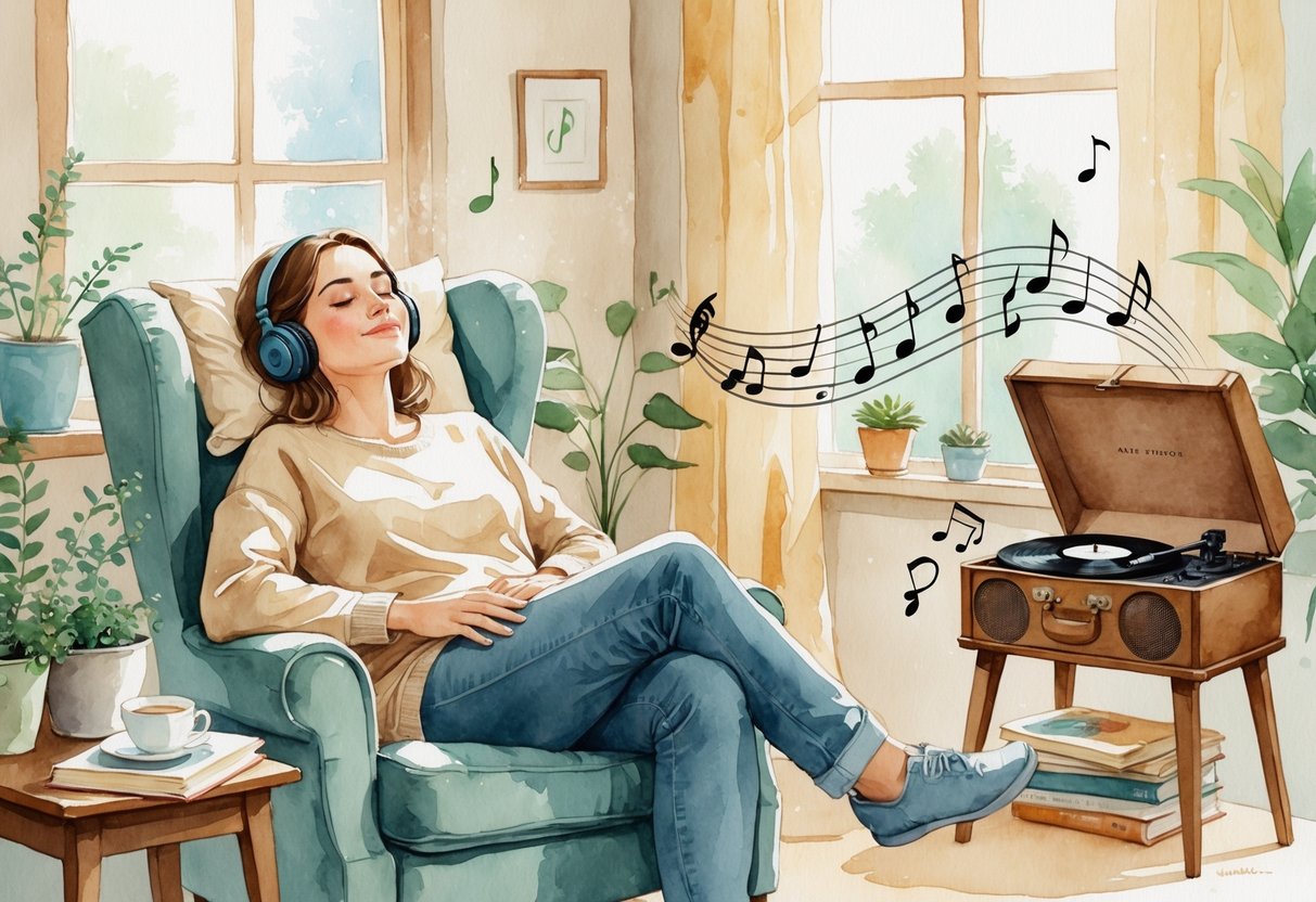 A person sitting comfortably in a cozy room, wearing headphones and relaxing while listening to music, with a table holding a teacup and an open book nearby.