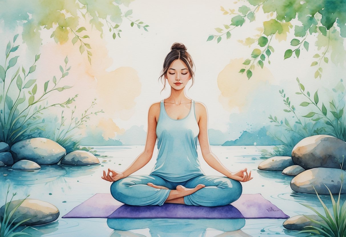 A person sitting in a meditative yoga pose outdoors surrounded by plants and stones near water under a soft sky.