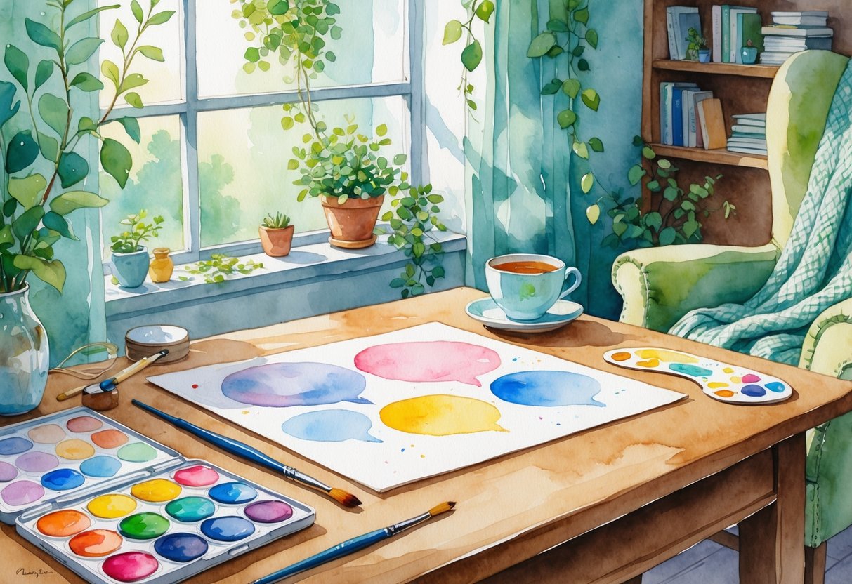 A cozy workspace with watercolor painting supplies, a cup of tea, plants, and a comfortable chair in a peaceful room.
