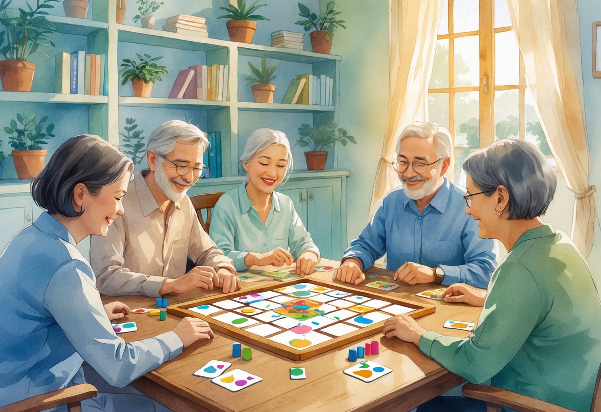 A group of people sitting around a table playing board games in a cozy room filled with books and plants.