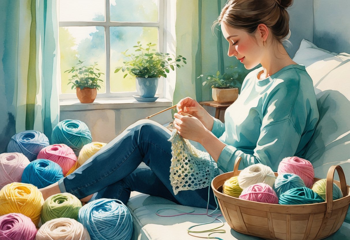 A person sitting indoors knitting or crocheting with colorful yarn and tools nearby, a cup of tea and a plant on a table by a window.