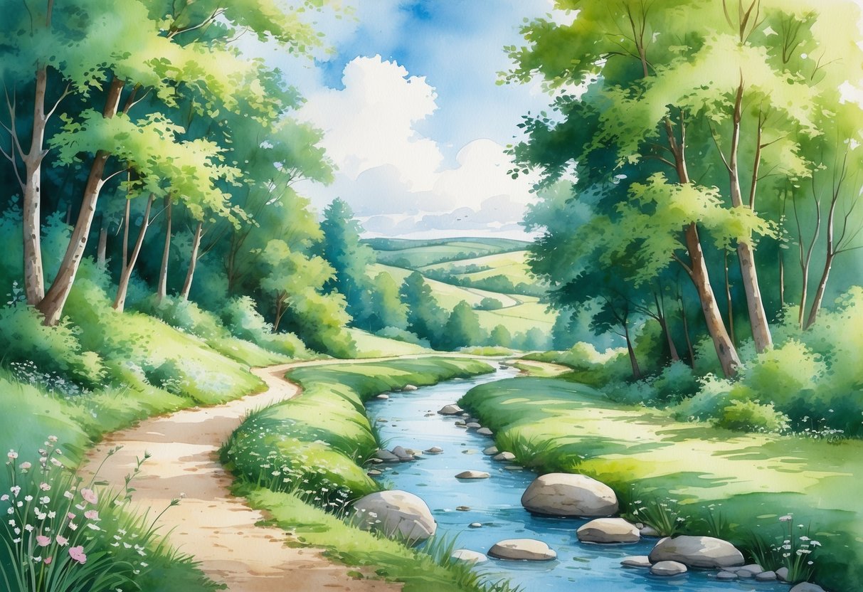 A peaceful forest trail with green trees, wildflowers, a small stream, and distant hills under a blue sky.