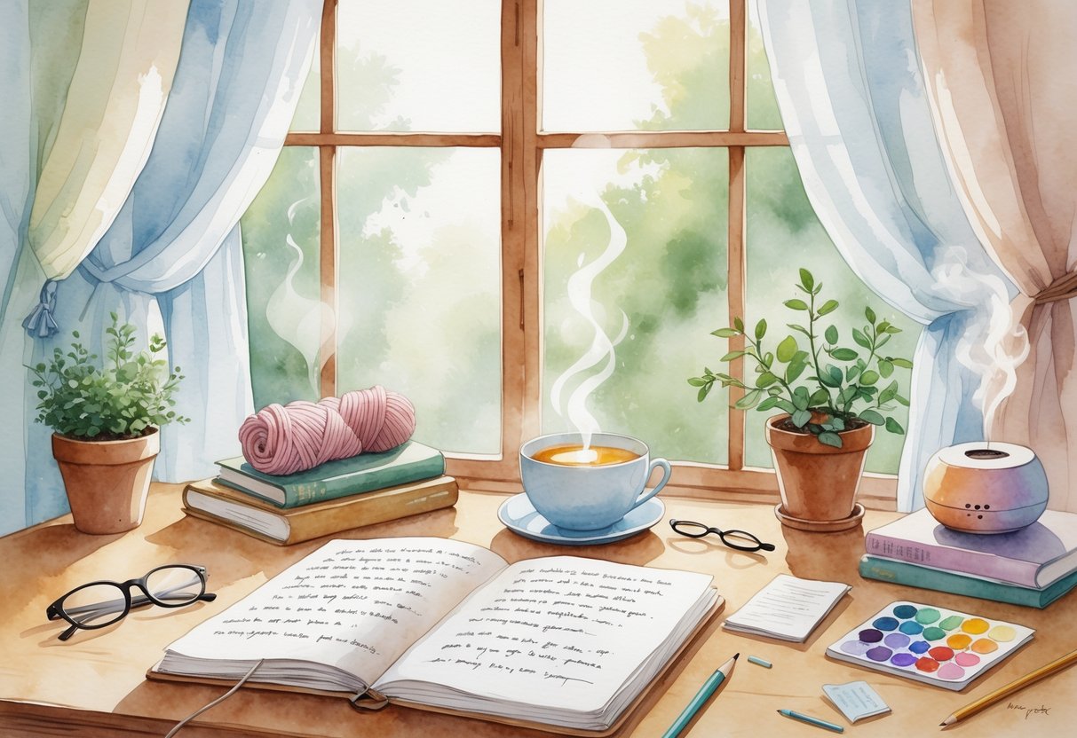 A peaceful indoor scene showing a person journaling at a wooden desk surrounded by relaxing hobby items like a plant, tea cup, colored pencils, knitting basket, books, and a diffuser.