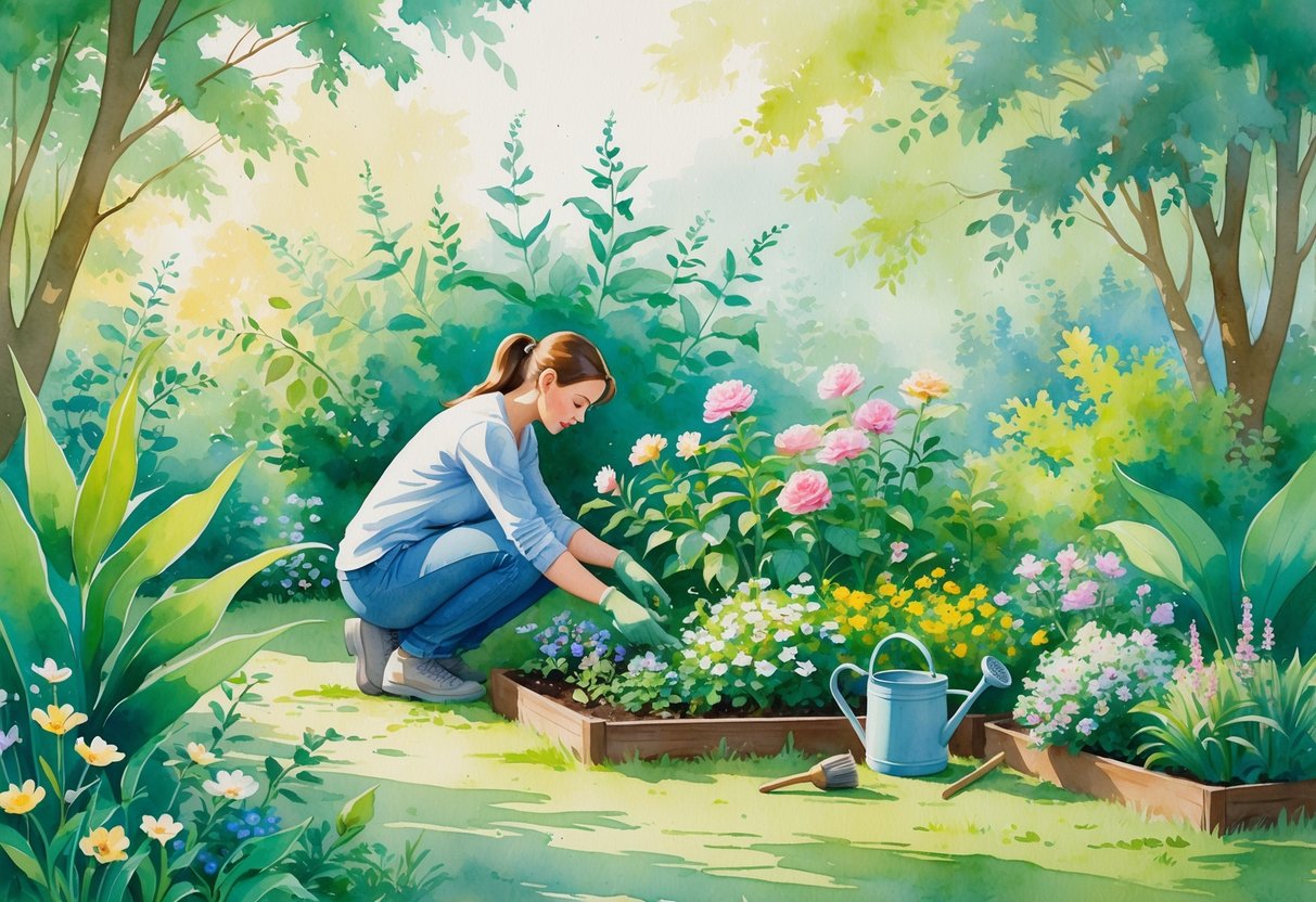 A person tending to a colorful garden with flowers and plants under soft sunlight.