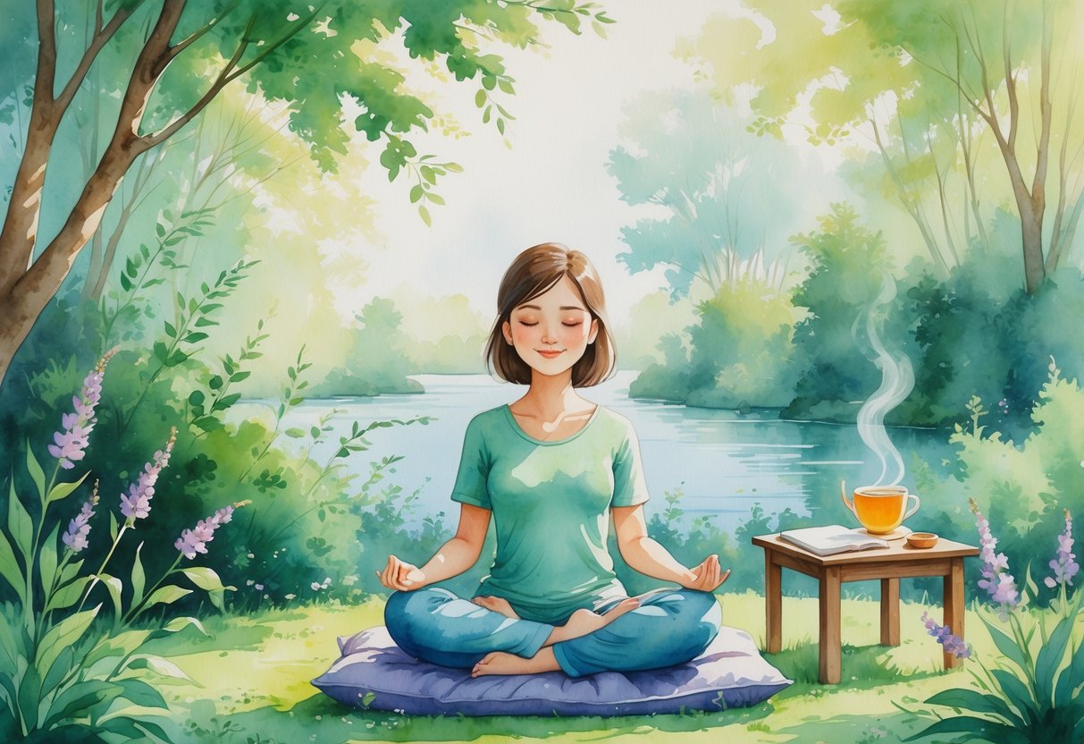 A person sitting cross-legged in a garden meditating peacefully with a cup of tea and journal nearby, surrounded by trees and flowers.