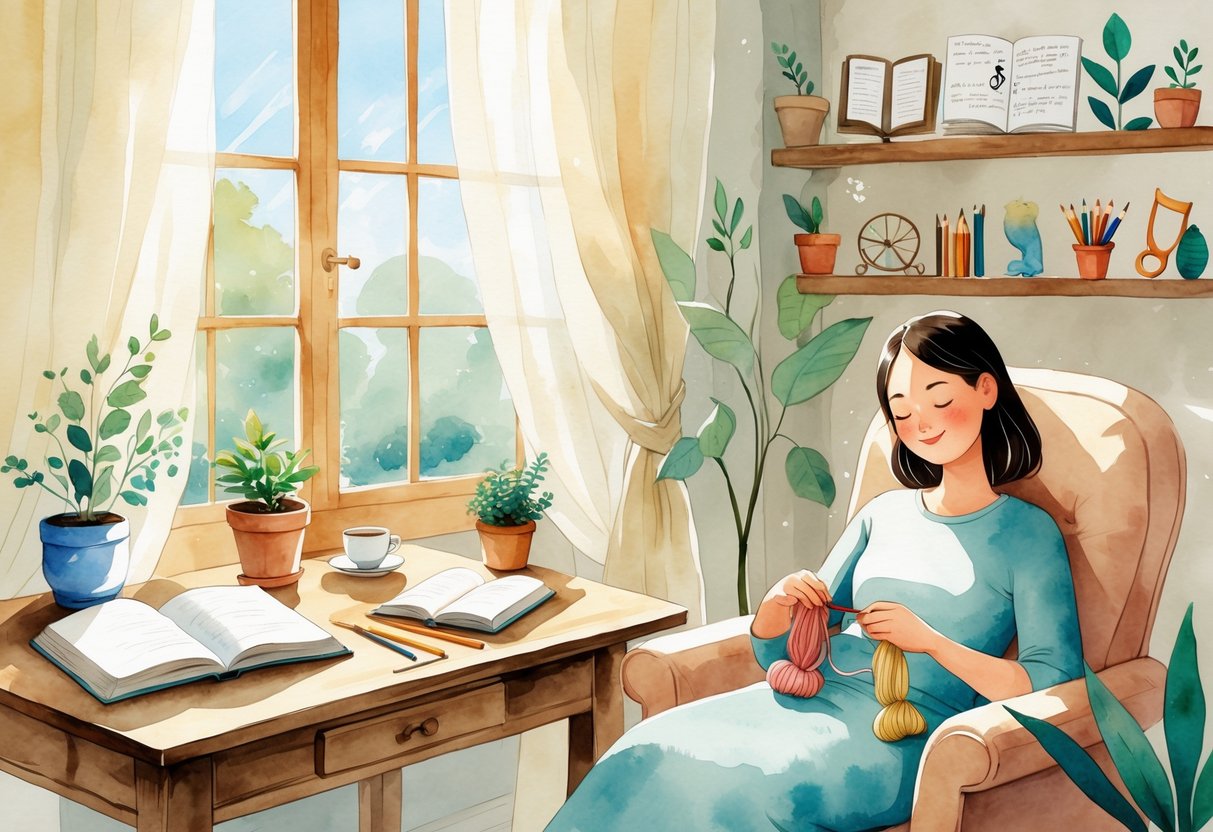 A peaceful indoor scene showing a person knitting by a window with a table holding a book, sketchpad, plant, and tea cup nearby.