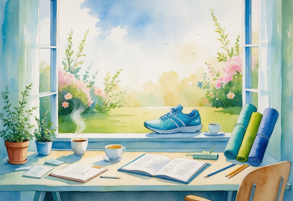 A peaceful room with a desk holding speech therapy tools, surrounded by items like a book, tea cup, running shoes, yoga mat, sketchbook, and a cat, next to a window showing a garden outside.