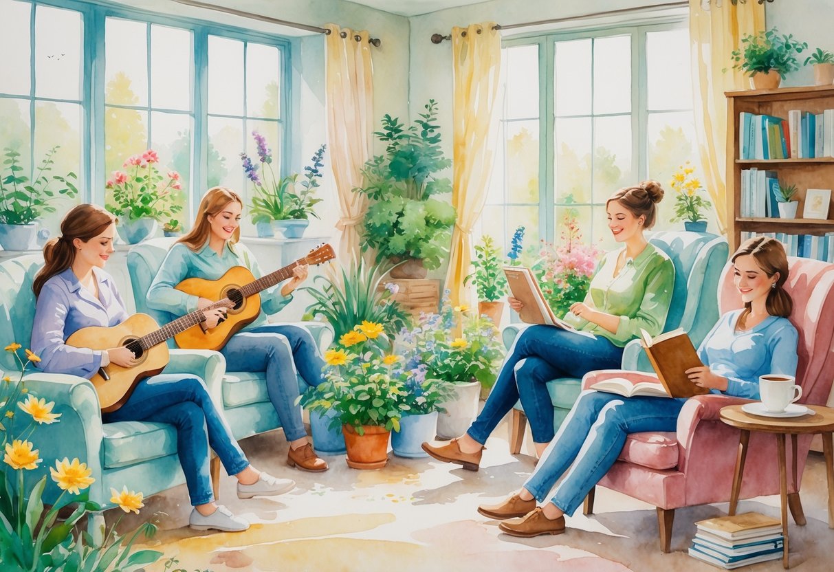 A peaceful indoor scene showing several people enjoying hobbies like playing guitar, gardening, painting, and reading in a bright, cozy room.