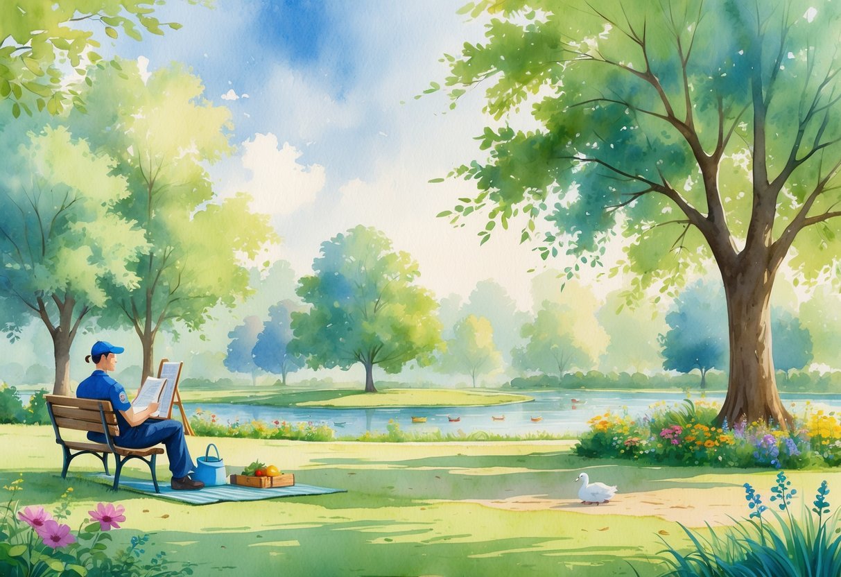 A paramedic enjoying various hobbies outdoors in a park, including reading, painting, yoga, gardening, playing guitar, cooking, cycling, photography, writing, and meditating.