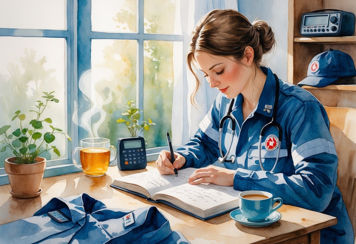 An EMT writing in a journal at a desk by a window, surrounded by a cup of tea, stethoscope, and emergency gear.