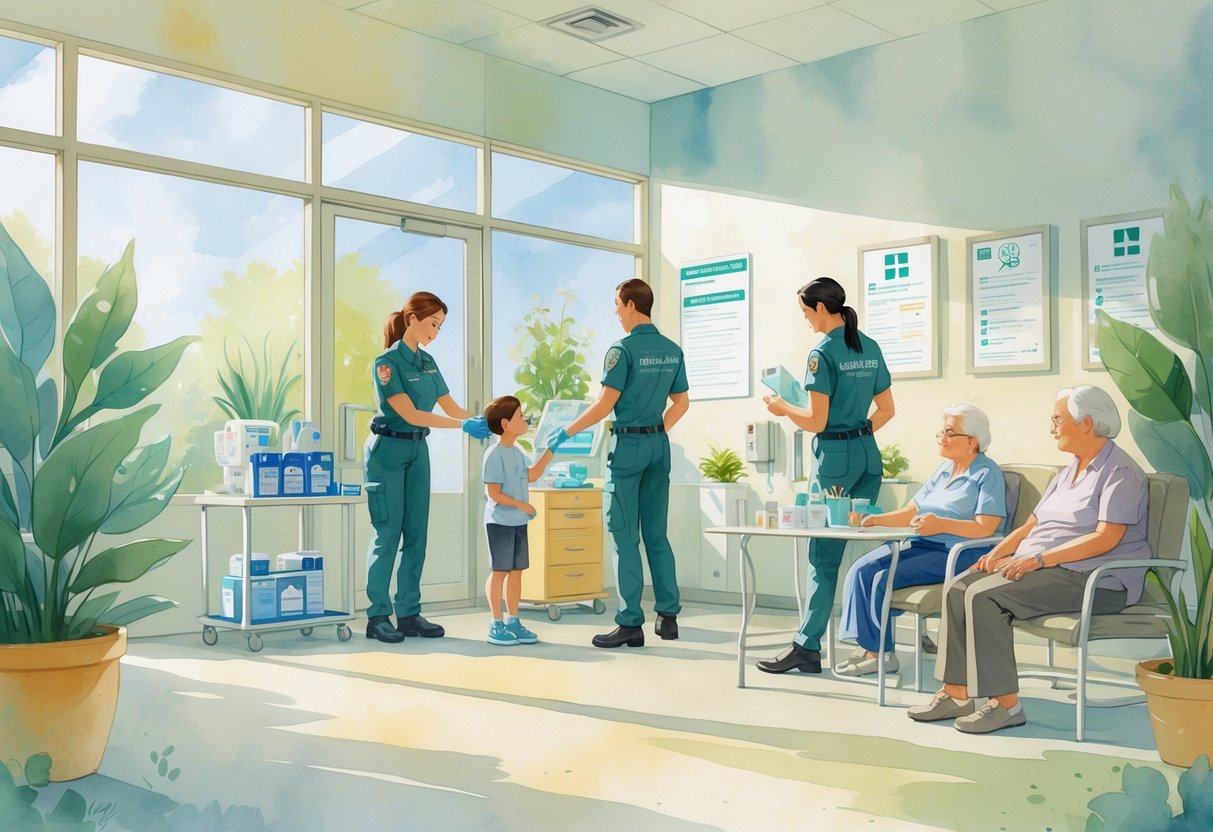 EMTs and paramedics volunteering at a local clinic, caring for patients of different ages in a bright and welcoming community health center.