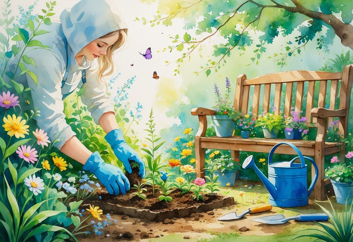 Hands planting seedlings in a colorful garden with flowers, plants, and gardening tools nearby under soft sunlight.