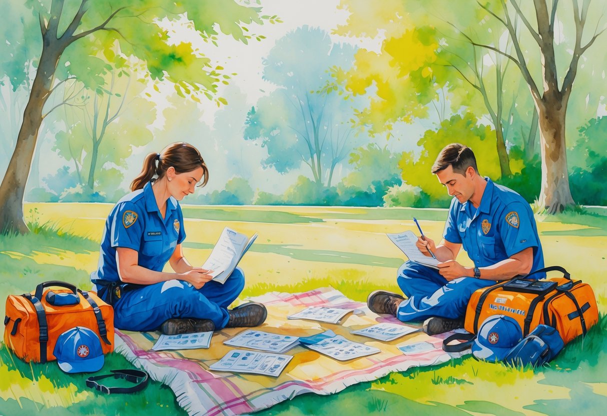 Two emergency medical workers relaxing in a park, one studying Spanish with books and flashcards, the other sketching, surrounded by nature and medical equipment.