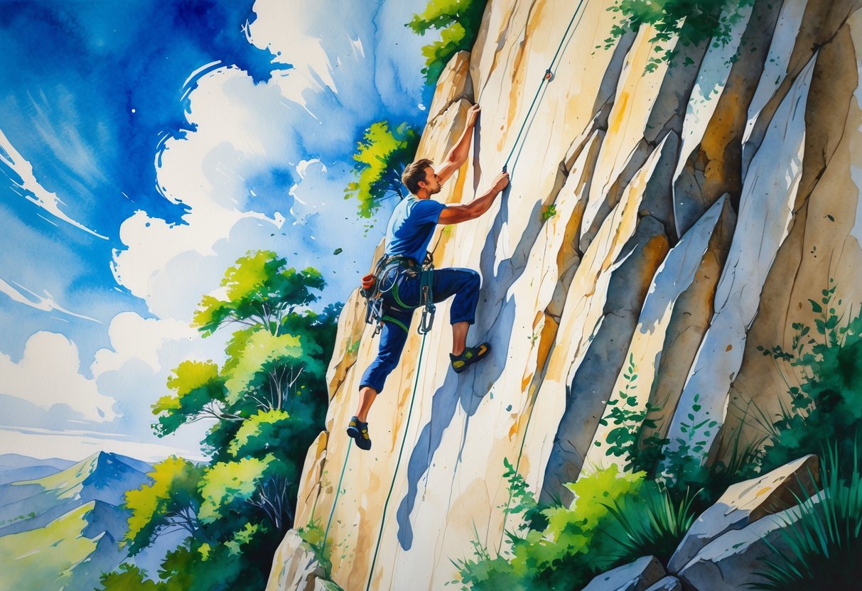 A person climbing a rocky cliff surrounded by trees and mountains under a blue sky.