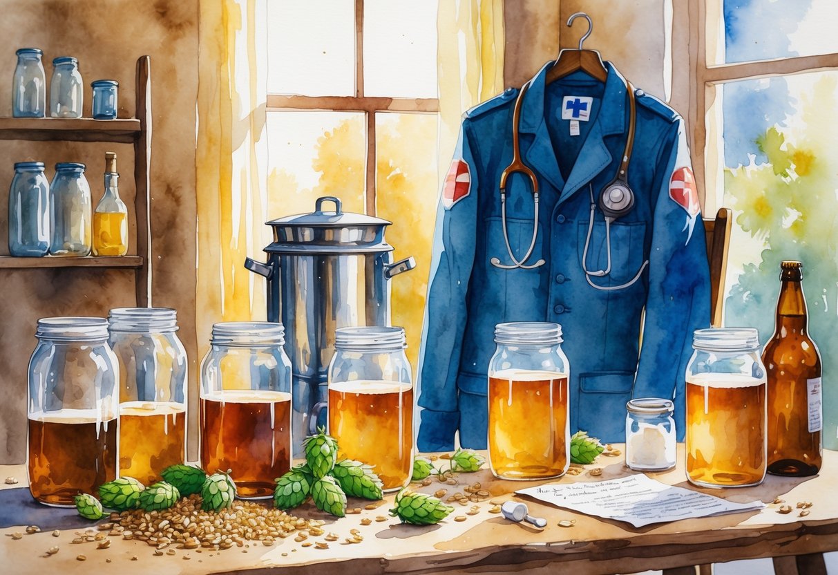 A cozy homebrewing setup with brewing jars, hops, barley, and a paramedic's uniform hanging on a chair in a warmly lit room.