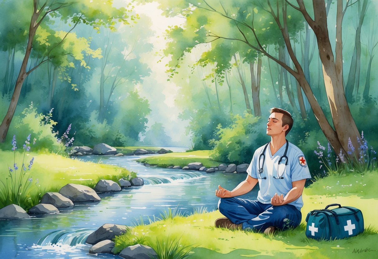 A person sitting cross-legged near a stream in a peaceful forest, meditating with medical equipment resting nearby.