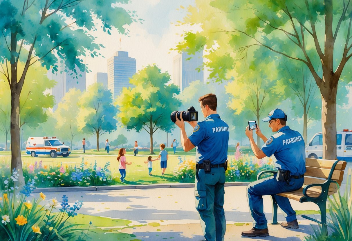 An EMT and a paramedic in a city park during downtime, one taking photos and the other reviewing them, surrounded by trees, flowers, and people enjoying the park.