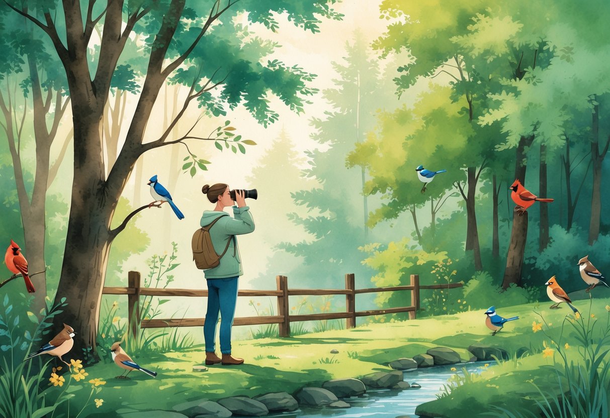 A person standing near a wooden fence in a forest clearing, observing colorful birds perched on tree branches and flying nearby.