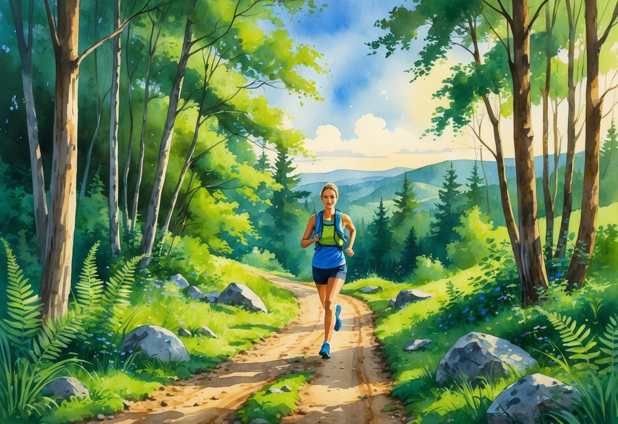 A person running on a forest trail surrounded by trees, plants, and hills under a clear sky.