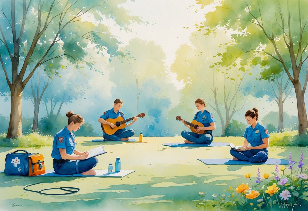 A peaceful park scene showing EMTs and paramedics enjoying hobbies like sketching, playing guitar, practicing yoga, and gardening during their downtime.