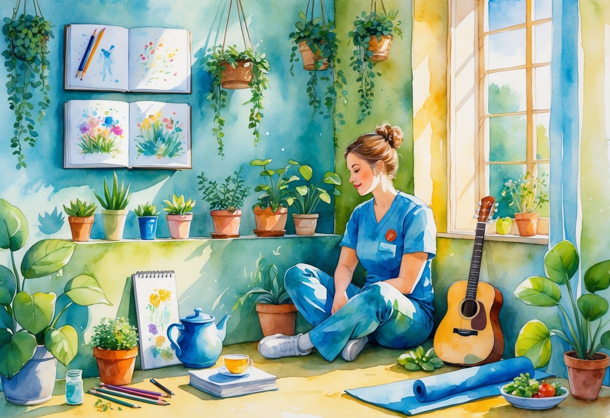 A paramedic relaxing in a cozy room surrounded by items representing hobbies like drawing, gardening, knitting, cycling, playing guitar, reading, photography, yoga, cooking, and journaling.