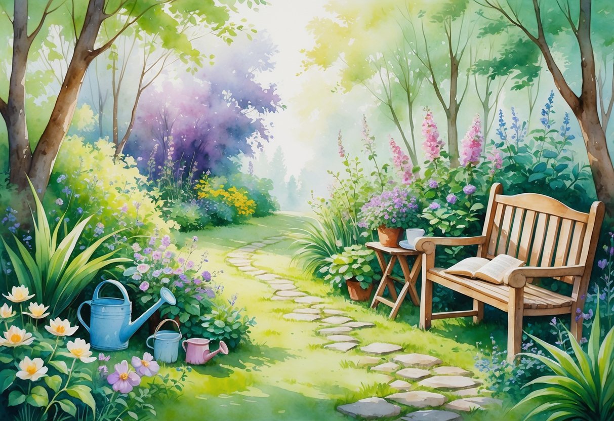 A peaceful garden scene with blooming flowers, green plants, a wooden bench, garden tools, a cobblestone path, and a small table with a cup of tea and an open book.