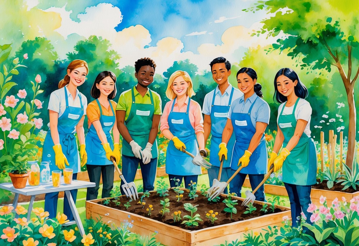 A group of people gardening together outdoors, planting and watering flowers in a community garden.