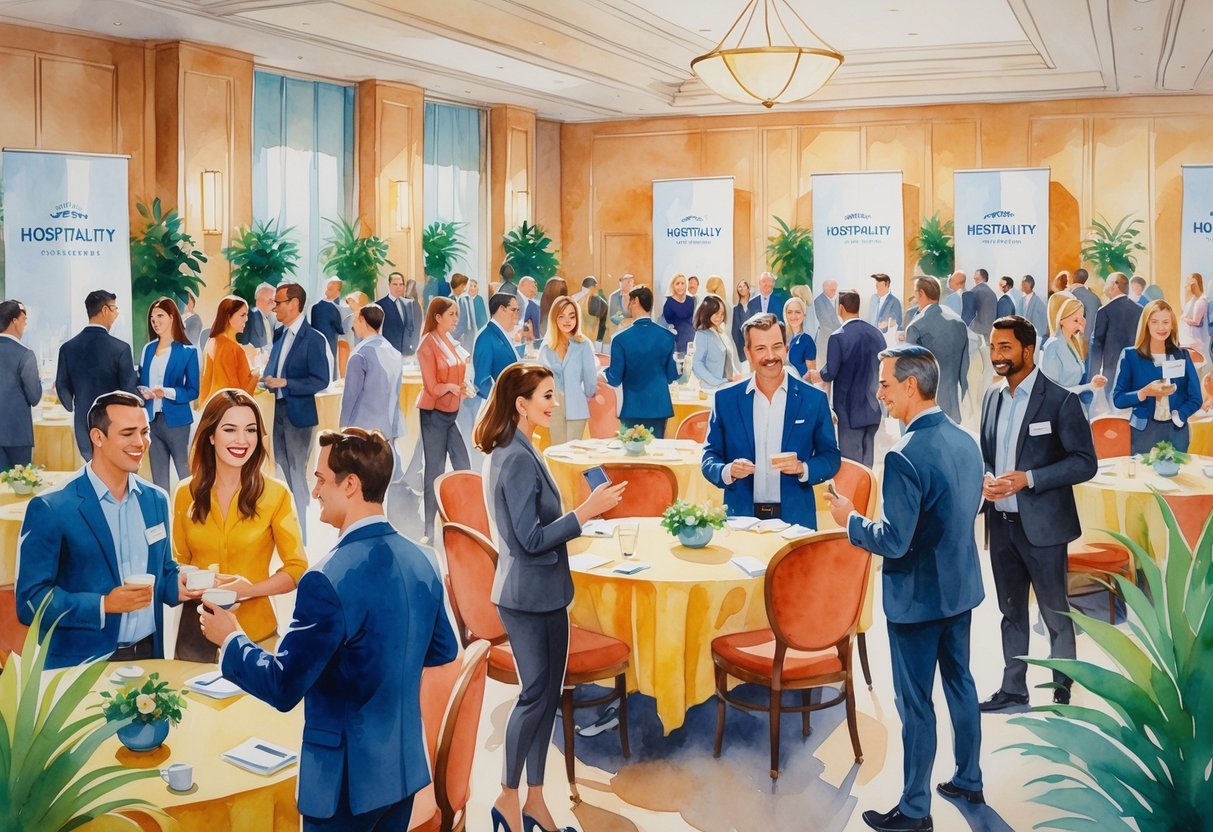 A group of hospitality professionals talking and networking in a bright, elegant conference hall with tables and plants.