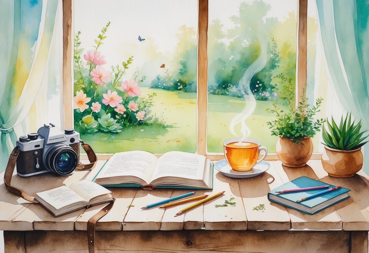 A person sitting at a wooden table by a window with a camera, book, tea cup, sketchbook, and plant, overlooking a garden.
