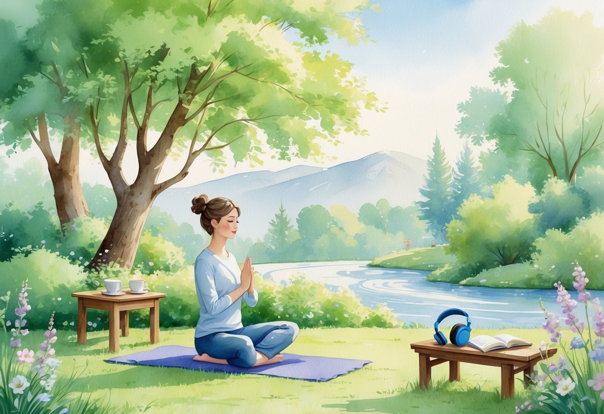 A person practicing yoga outdoors in a peaceful garden surrounded by trees, flowers, a small table with a teacup, an open book, and headphones nearby.