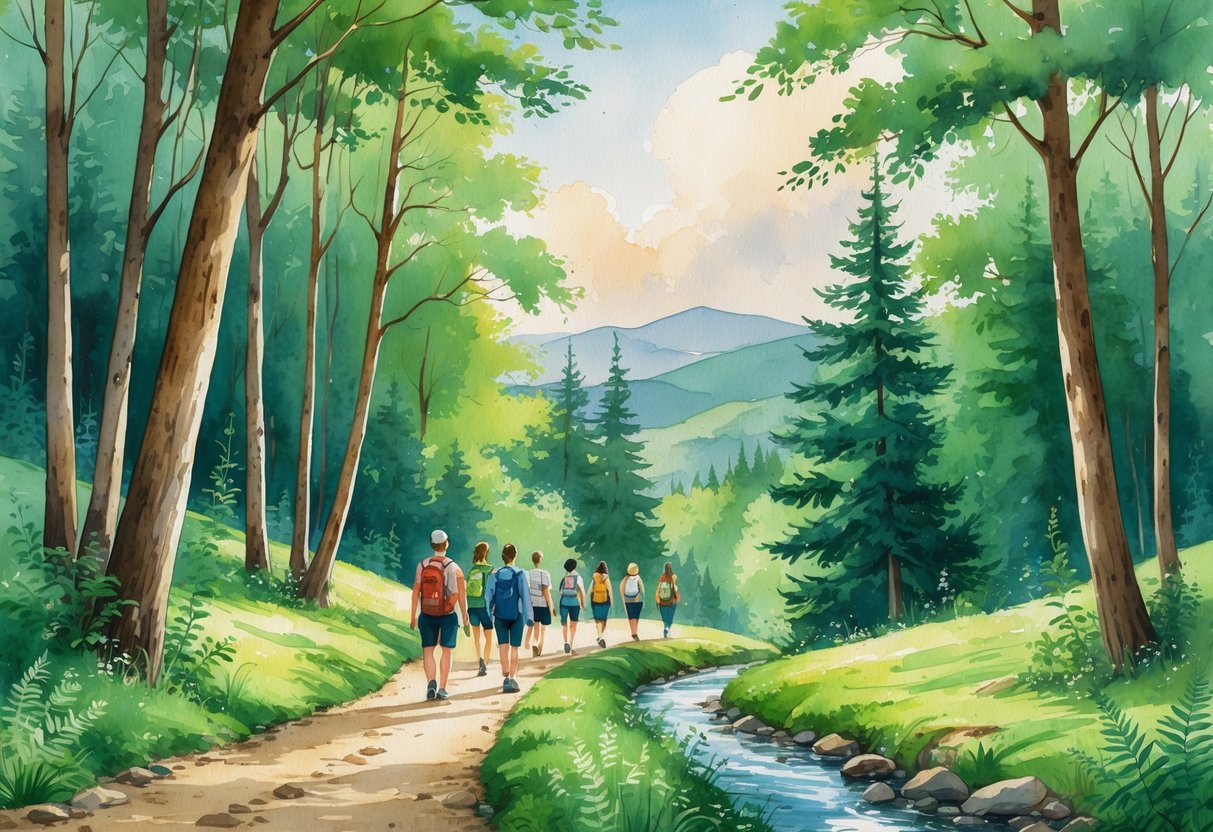 People hiking on a forest trail surrounded by trees, mountains, and a small stream.