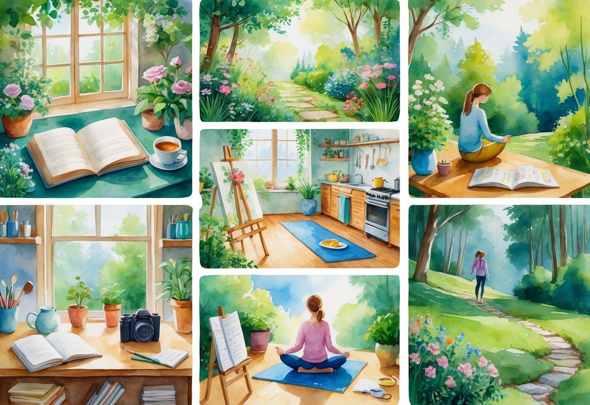 A peaceful scene showing various hobbies including reading, gardening, baking, painting, yoga, playing guitar, hiking, journaling, photography, and crafting.