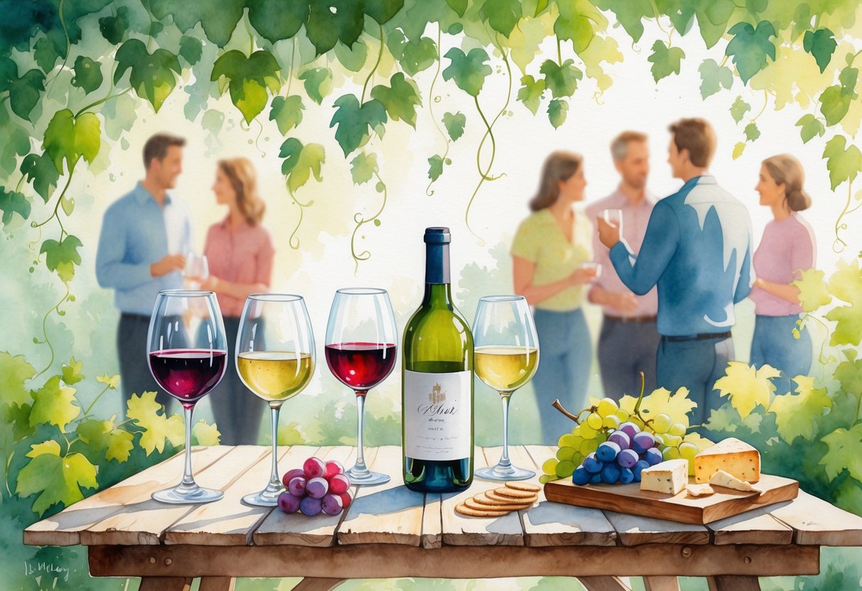 A group of people tasting wine outdoors around a wooden table with wine glasses, a bottle, cheese, grapes, and crackers, surrounded by greenery.