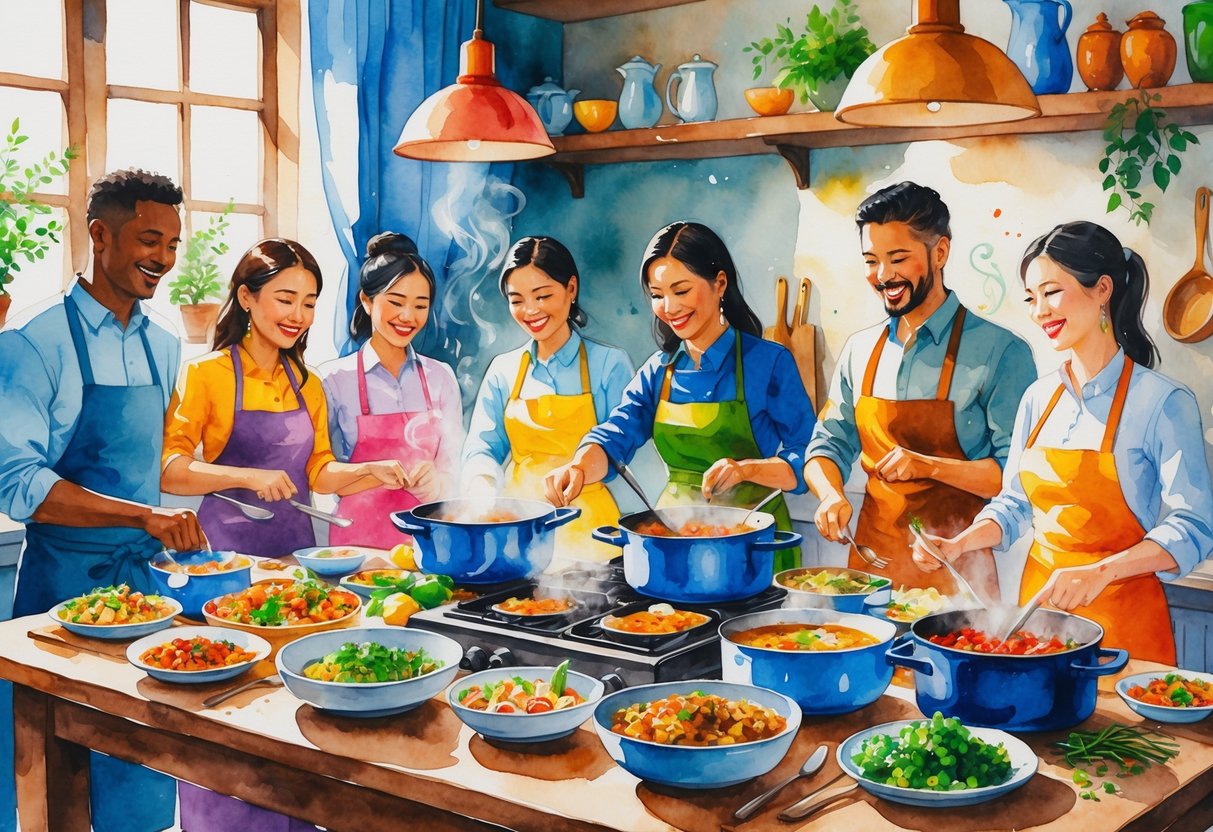 A group of people cooking together in a warm kitchen filled with various international dishes and fresh ingredients.