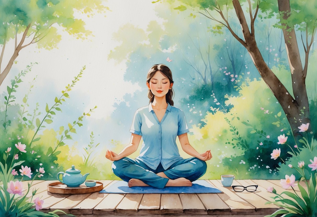 A person sitting cross-legged outdoors on a wooden deck surrounded by plants and flowers, meditating peacefully with a teapot and notebook nearby.