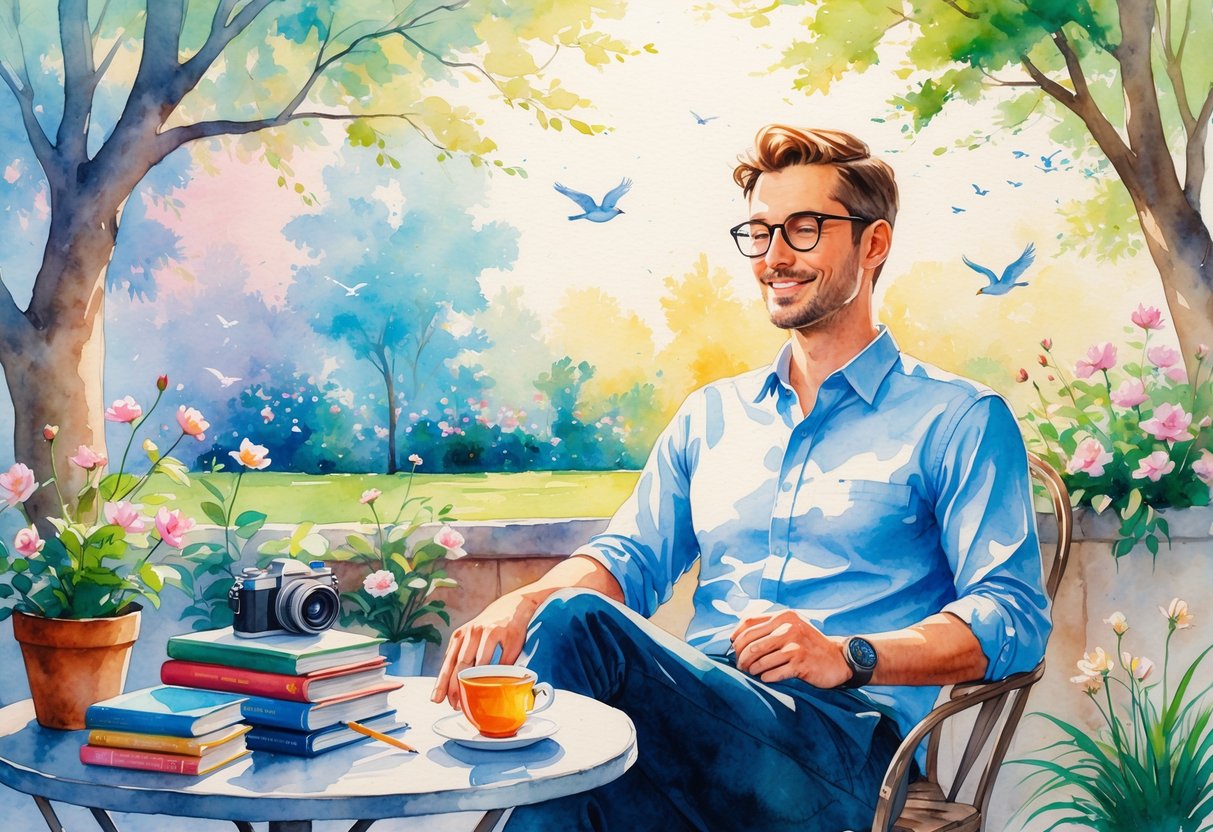 A person sitting at an outdoor café table surrounded by books, art supplies, a camera, and plants, with a peaceful garden and trees in the background.