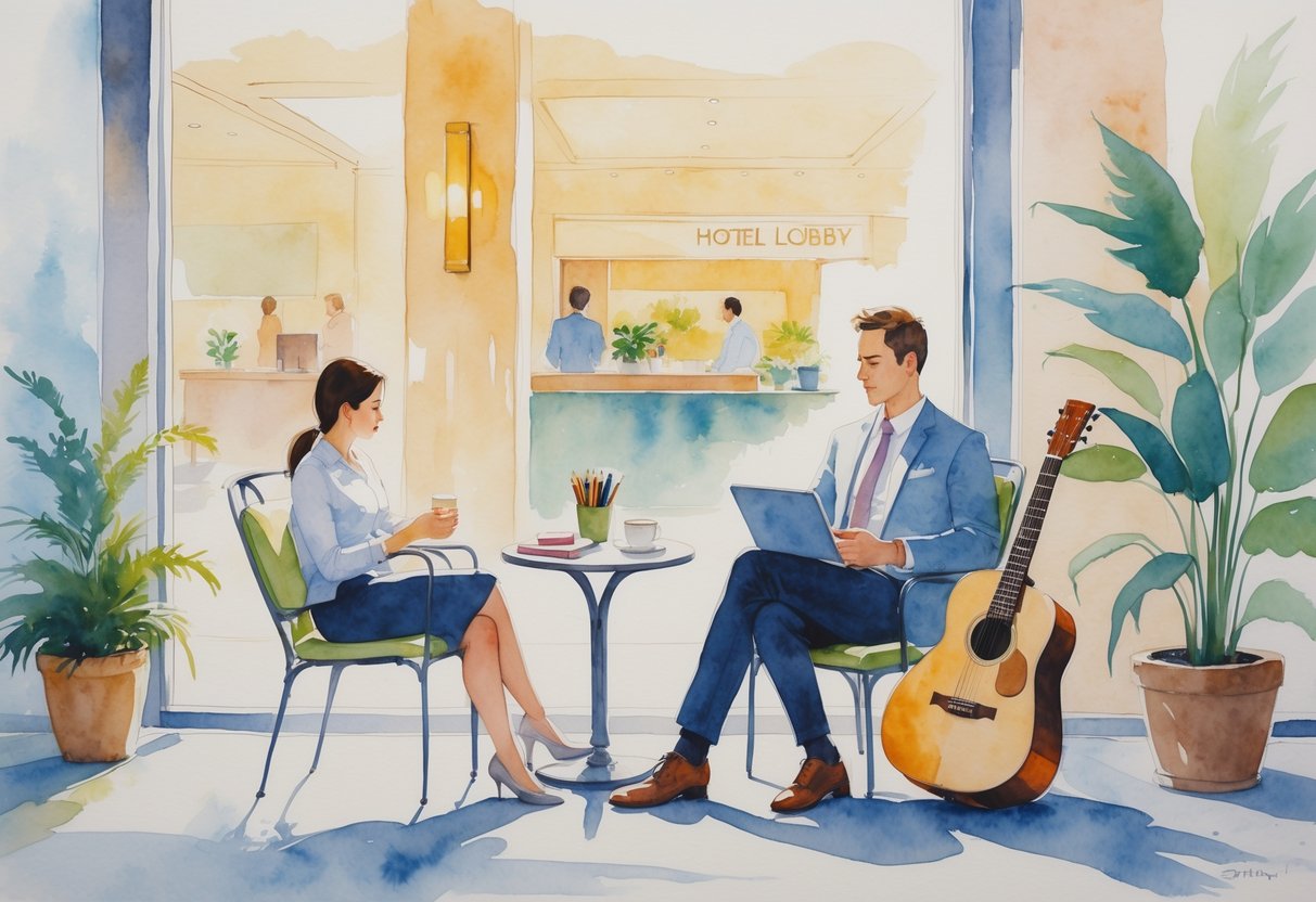 A hospitality manager relaxing at an outdoor café table surrounded by a sketchbook, guitar, and potted plant, with a hotel lobby visible in the background.