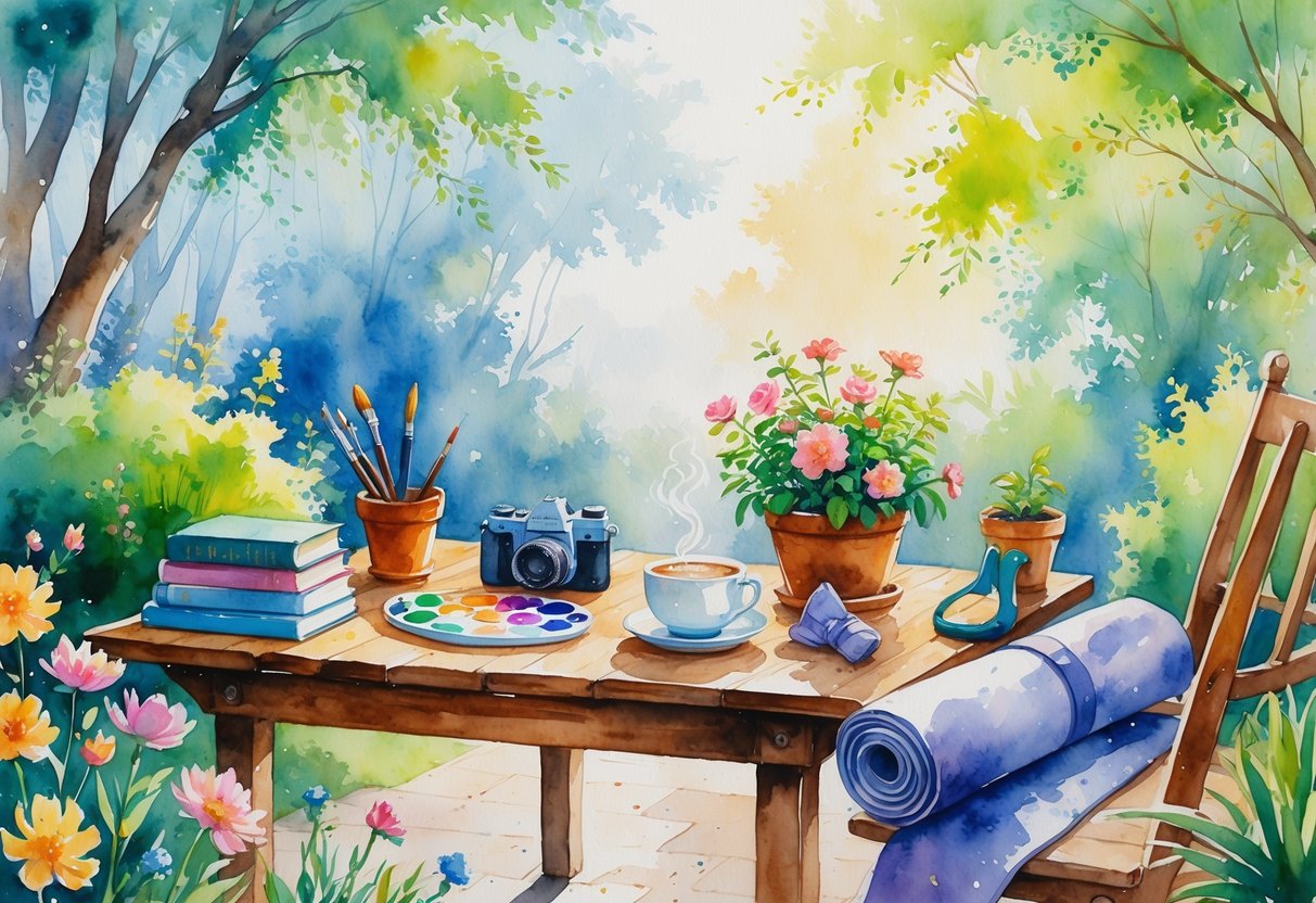An outdoor patio with a wooden table surrounded by flowers and greenery, displaying books, a camera, paintbrushes, a cup of tea, gardening gloves, a yoga mat, and a guitar, suggesting relaxing hobbies.