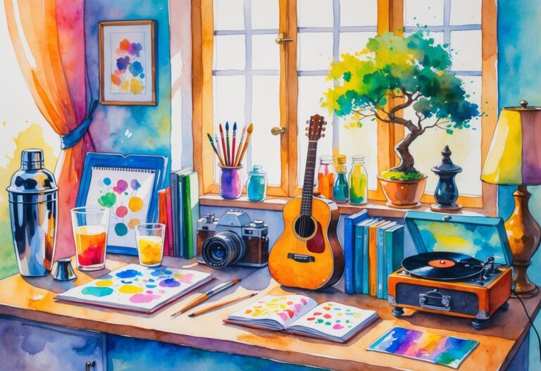 A cozy room filled with objects representing various hobbies including bartending tools, art supplies, a camera, knitting yarn, a guitar, a bonsai tree, books, running shoes, a chessboard, and a record player.