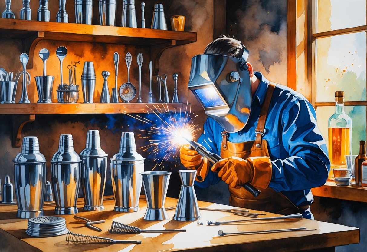 An artisan welding customized bar tools in a cozy workshop filled with metal tools and bartending items.
