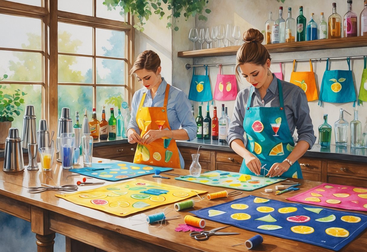 A workspace where bartenders are sewing and arranging colorful aprons surrounded by sewing tools and bartending equipment.