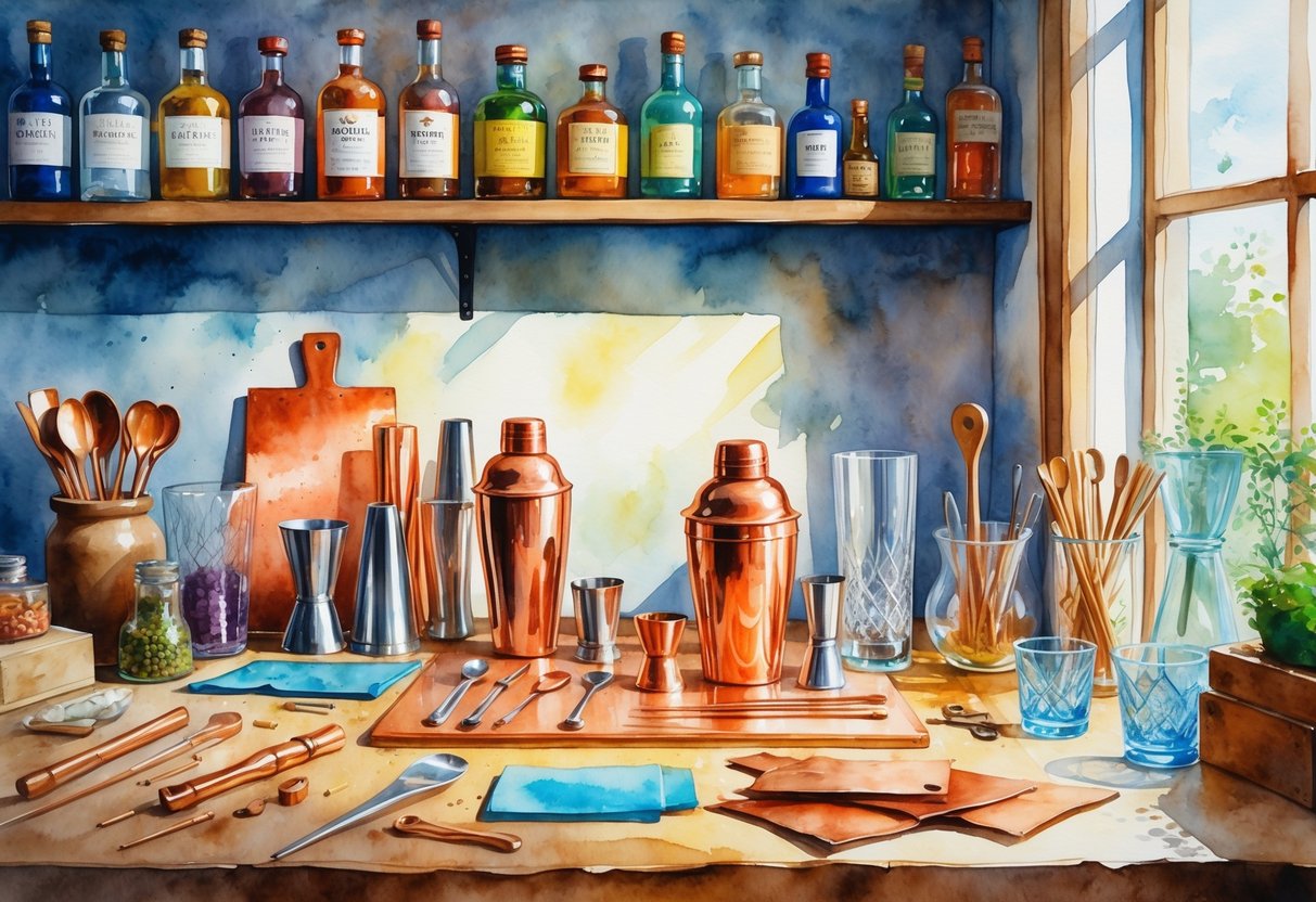 A workspace showing hands crafting a copper cocktail shaker surrounded by bartending tools, materials, and shelves with bottles and finished barware.