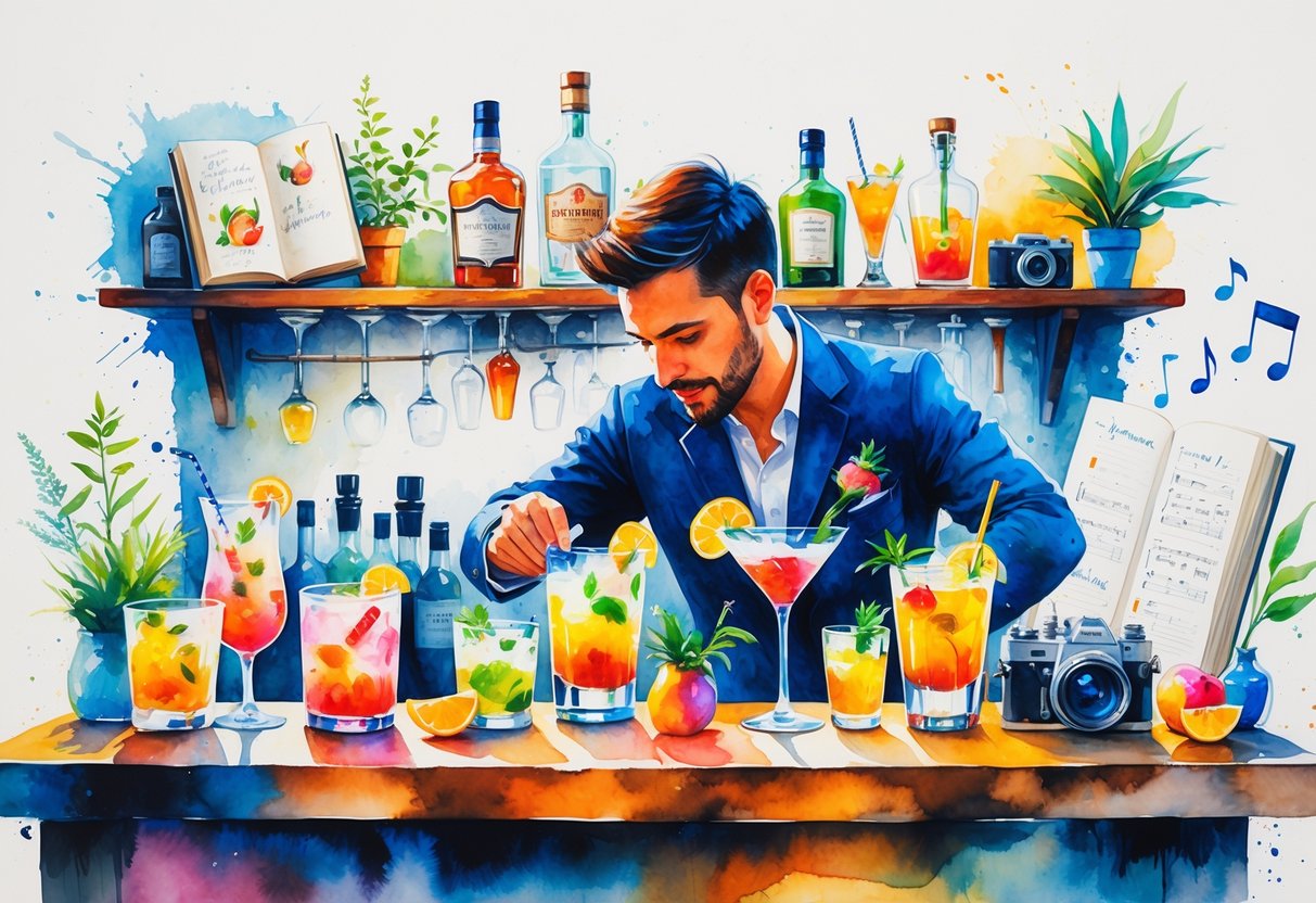 A lively bar scene showing colorful cocktails on a wooden counter with a bartender mixing drinks, surrounded by items like a sketchbook, plant, camera, and an open book.