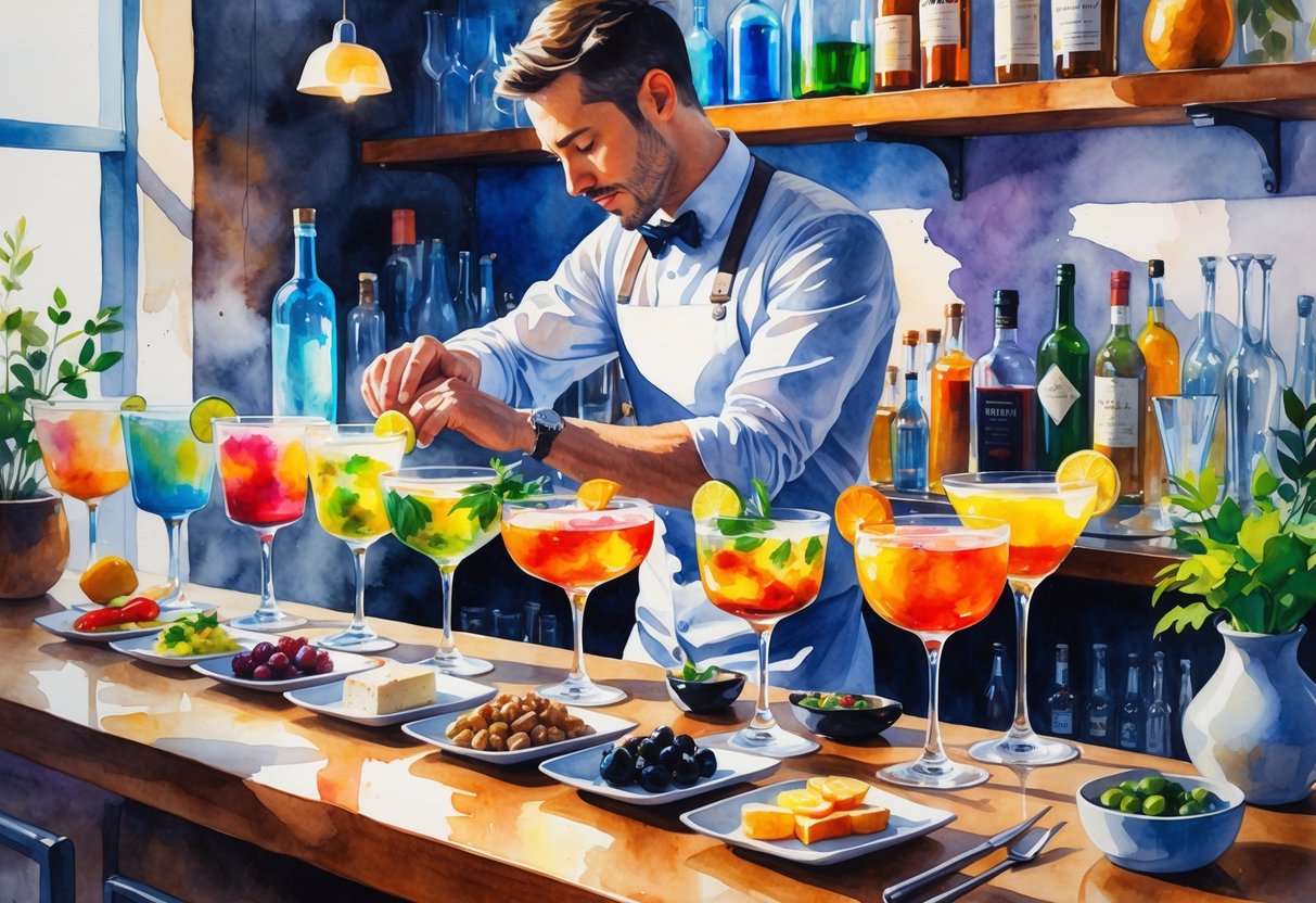 A bartender mixing drinks at a bar with cocktails and plates of appetizers on the counter, surrounded by bottles and fresh ingredients.